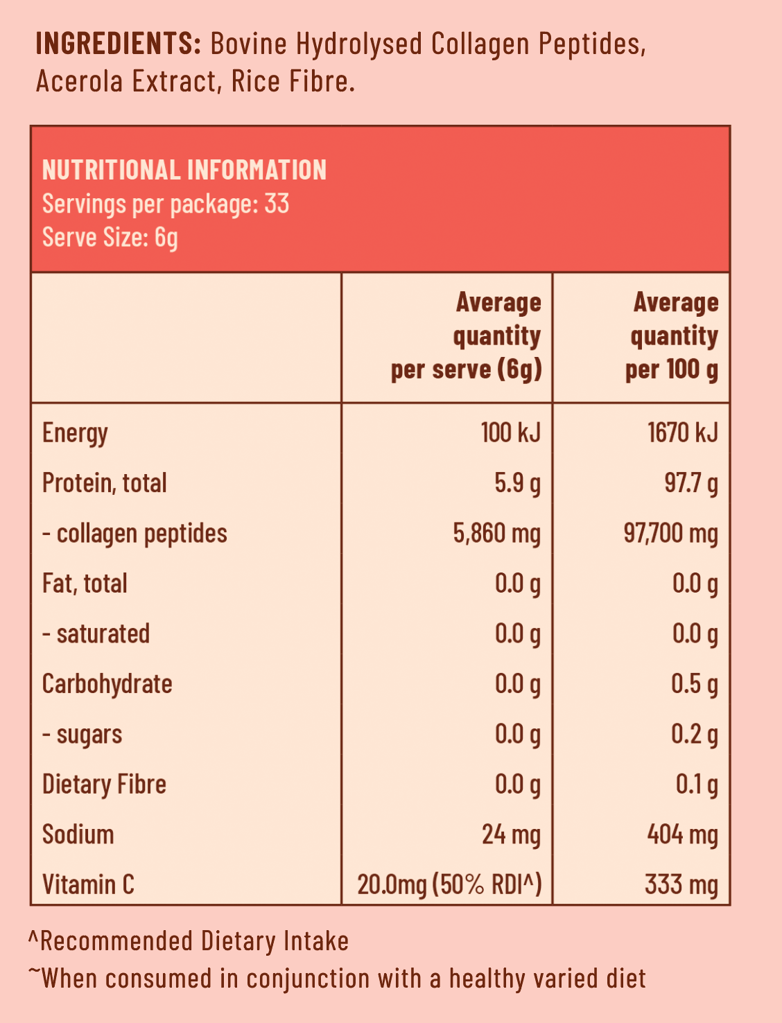 Daily natural collagen protein supplement dietary label